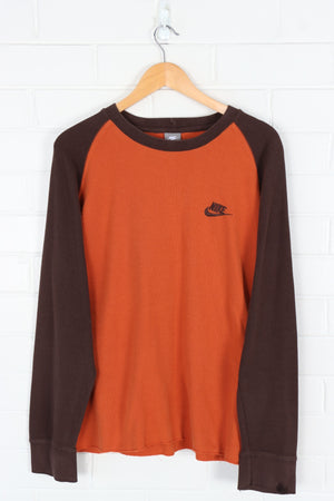 NIKE Embroidered Orange & Brown Long Sleeve Waffle T-Shirt (M-L)