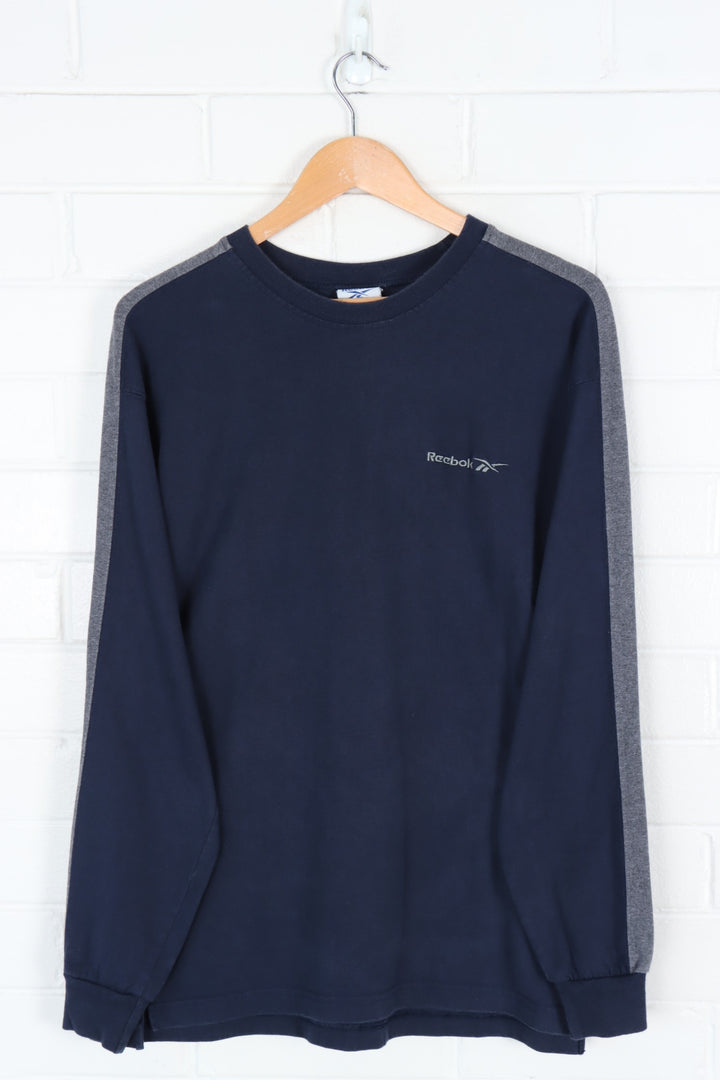REEBOK Navy & Grey Embroidered Sleeve Detail Long Sleeve T-Shirt (M)