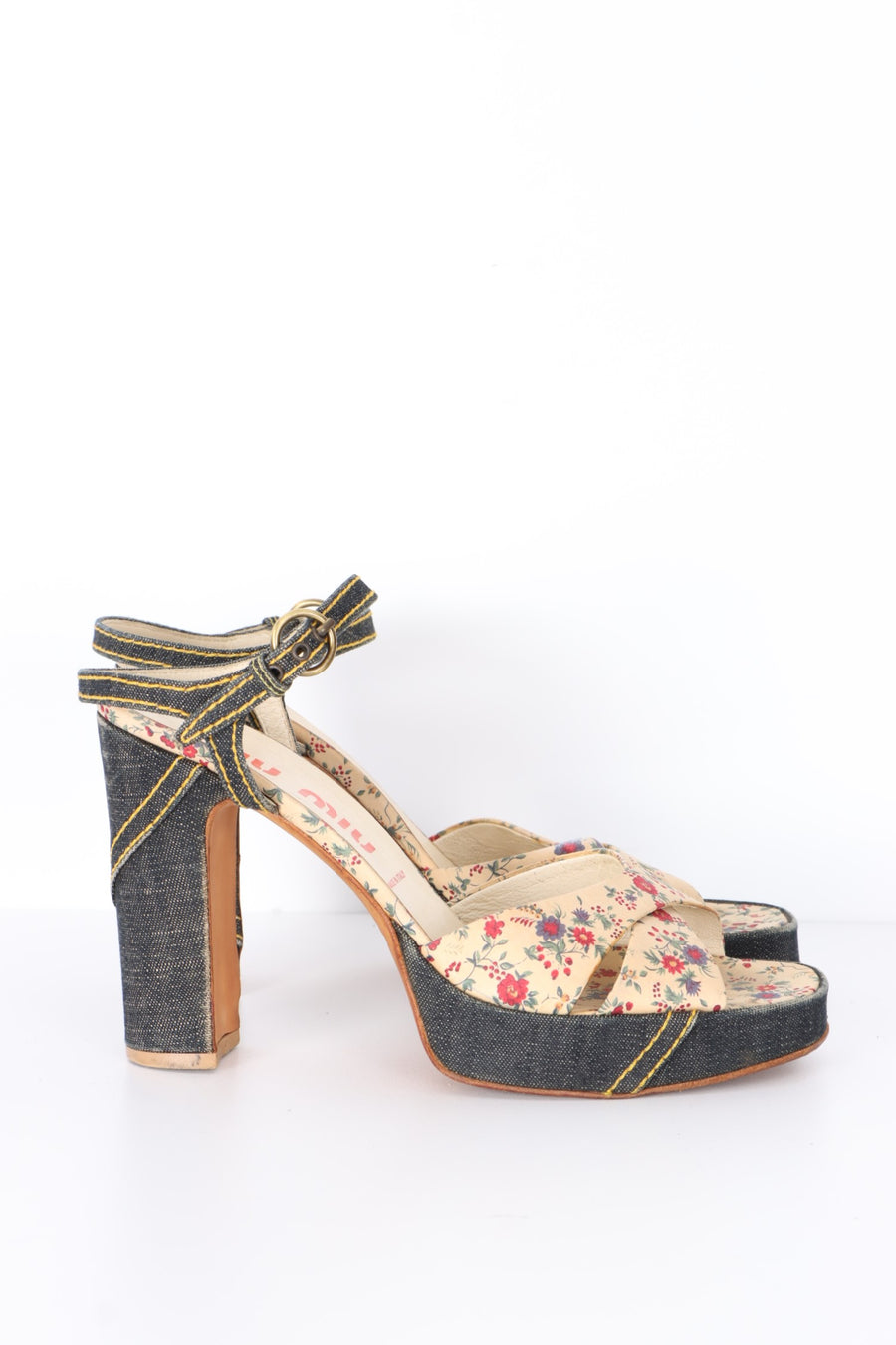 MIU MIU Floral Denim Platform Sandal Heels (39)