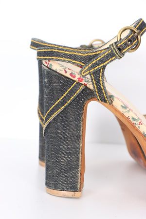 MIU MIU Floral Denim Platform Sandal Heels (39)