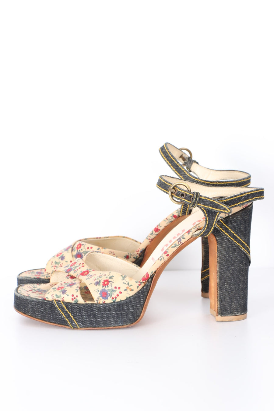 MIU MIU Floral Denim Platform Sandal Heels (39)