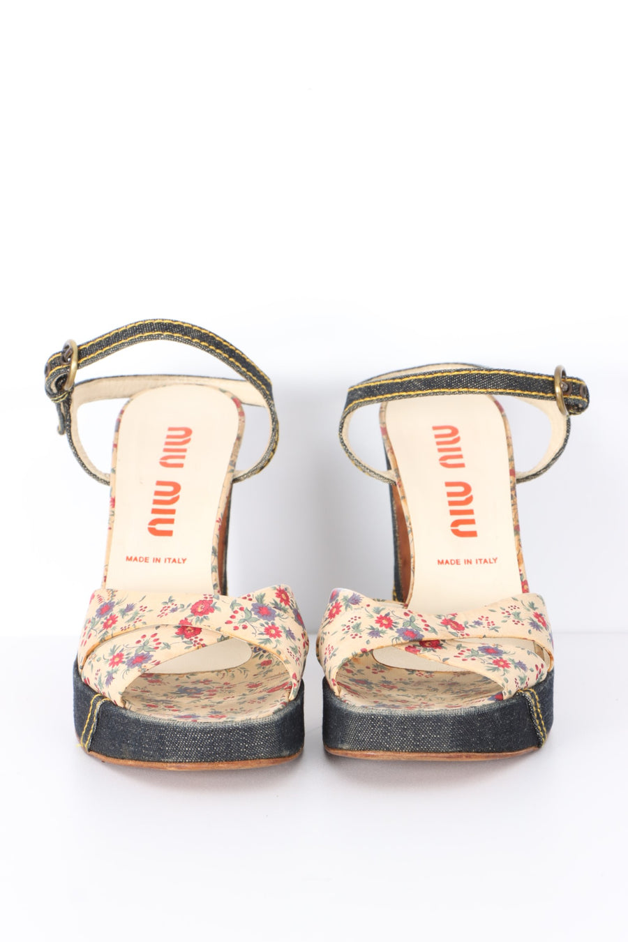 MIU MIU Floral Denim Platform Sandal Heels (39)