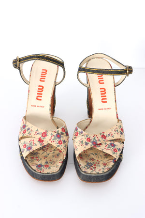 MIU MIU Floral Denim Platform Sandal Heels (39)