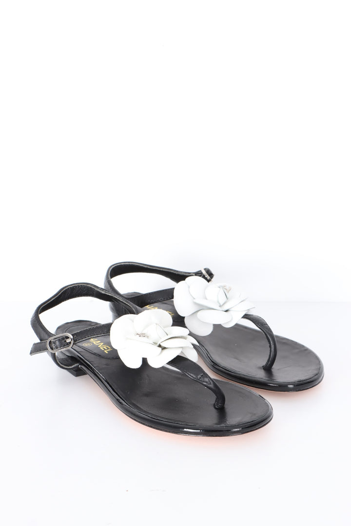 CHANEL Youth Leather Camellia T-Bar Thong Sandals (5)