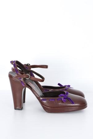 MIU MIU Velvet Bow Brown Leather Mary Jane Heels (37)