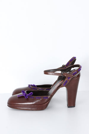 MIU MIU Velvet Bow Brown Leather Mary Jane Heels (37)