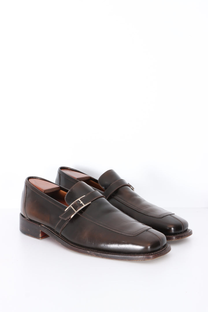 HERMES Brown Leather H Buckle Square Toe Loafers (43)