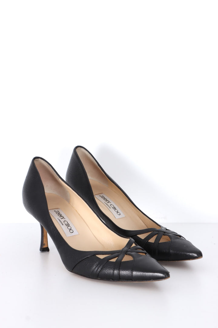 JIMMY CHOO Black Leather Cut Out Kitten Heels (38.5)