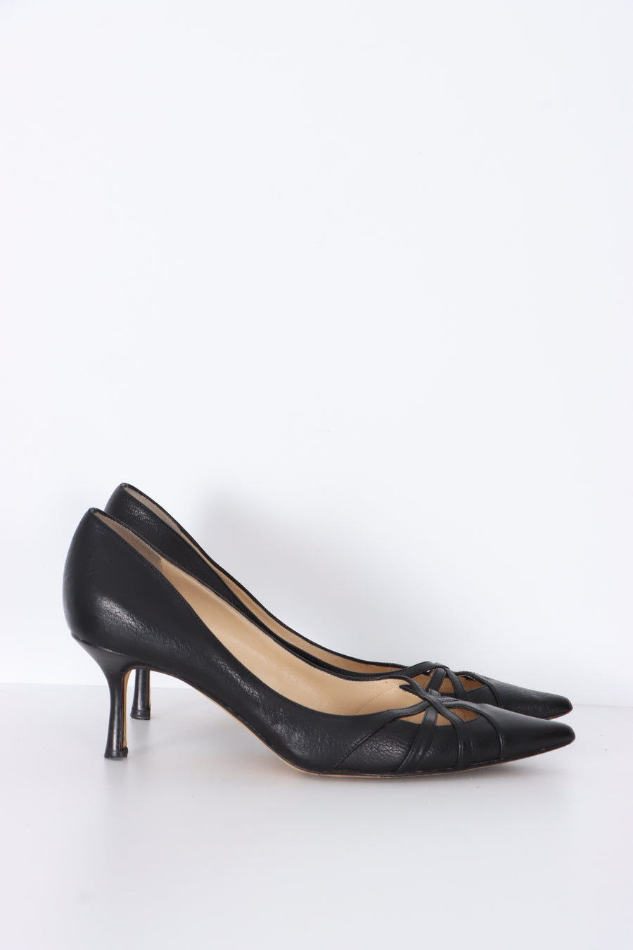 JIMMY CHOO Black Leather Cut Out Kitten Heels (38.5)