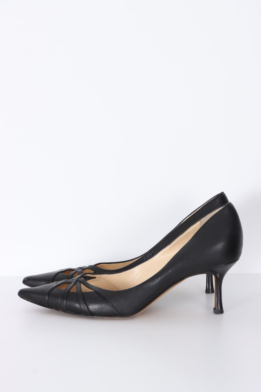 JIMMY CHOO Black Leather Cut Out Kitten Heels (38.5)