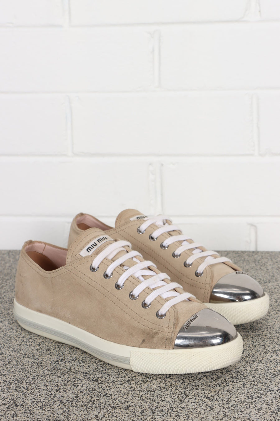 MIU MIU Metal Toe Cap Blush Suede Leather Sneakers (39)