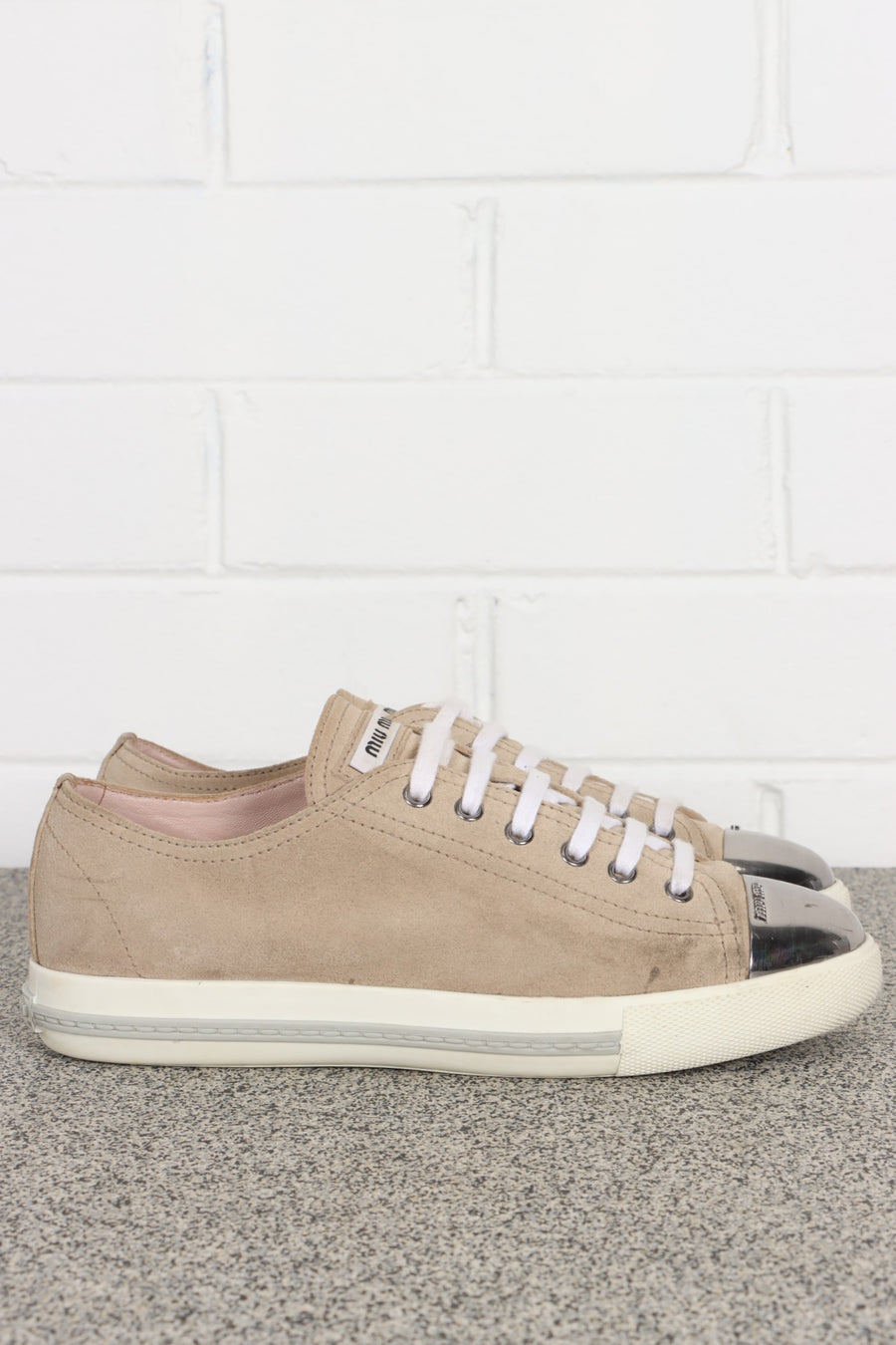 MIU MIU Metal Toe Cap Blush Suede Leather Sneakers (39)