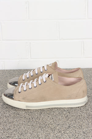 MIU MIU Metal Toe Cap Blush Suede Leather Sneakers (39)