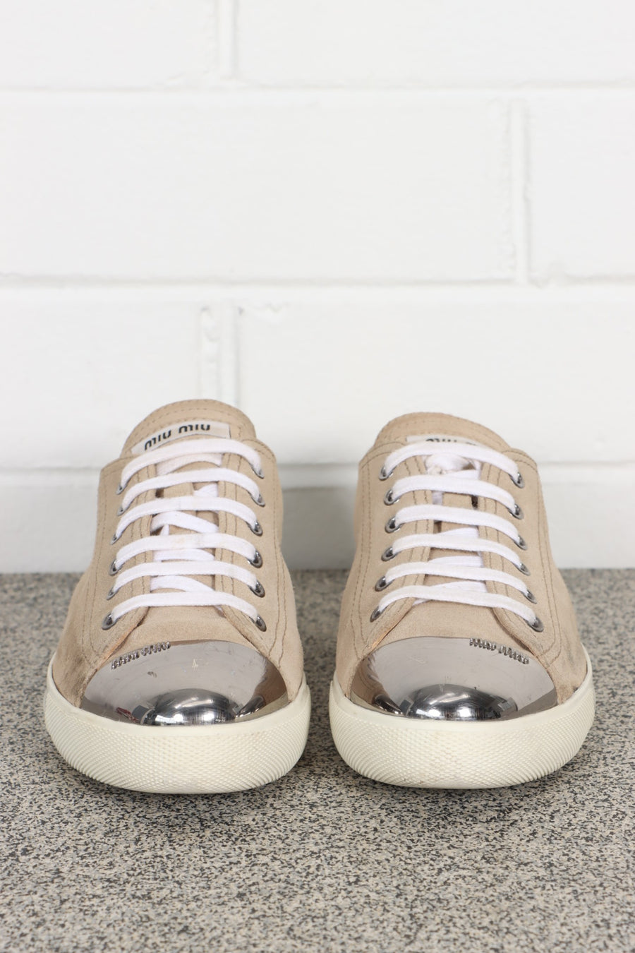 MIU MIU Metal Toe Cap Blush Suede Leather Sneakers (39)