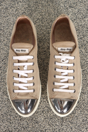 MIU MIU Metal Toe Cap Blush Suede Leather Sneakers (39)