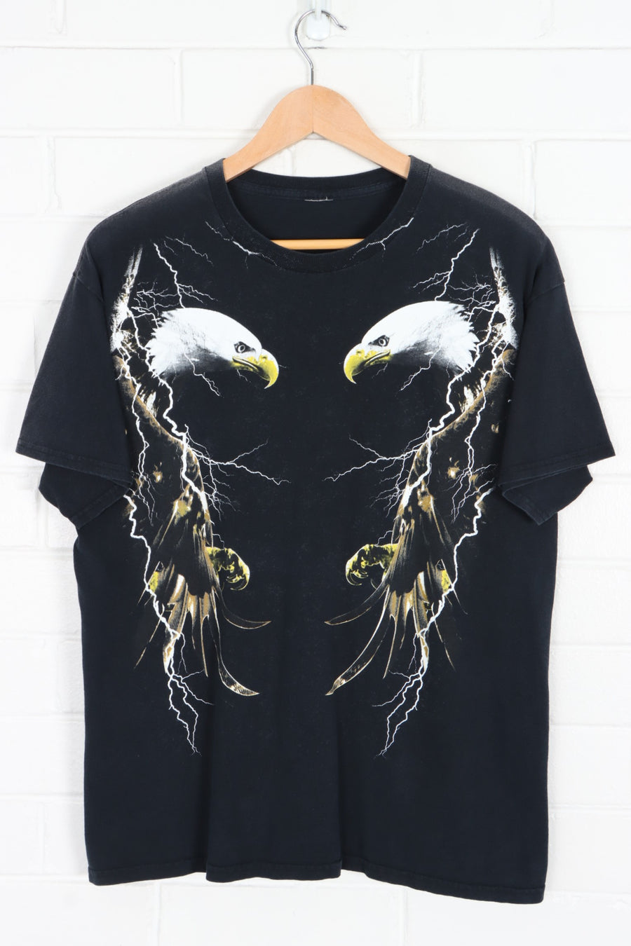 Double Bald Eagle Lightning Thunder Black T-Shirt (L)