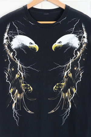 Double Bald Eagle Lightning Thunder Black T-Shirt (L)