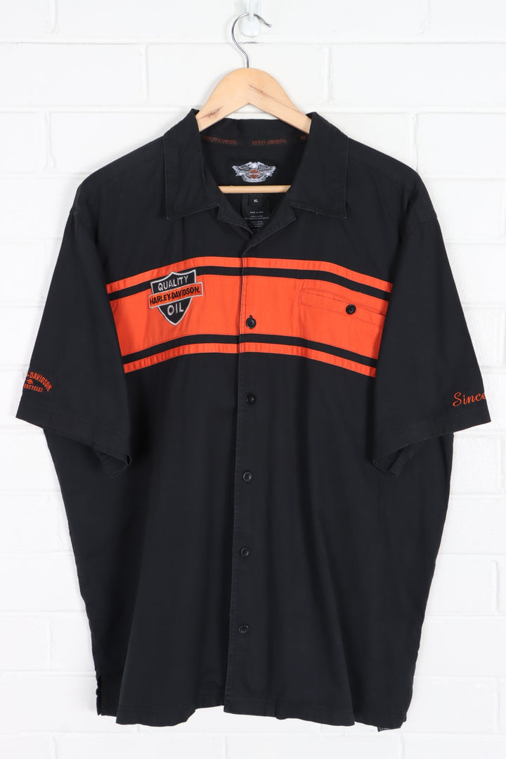 HARLEY DAVIDSON "Quality Oil" Black & Orange Colour Block Shirt (XL)