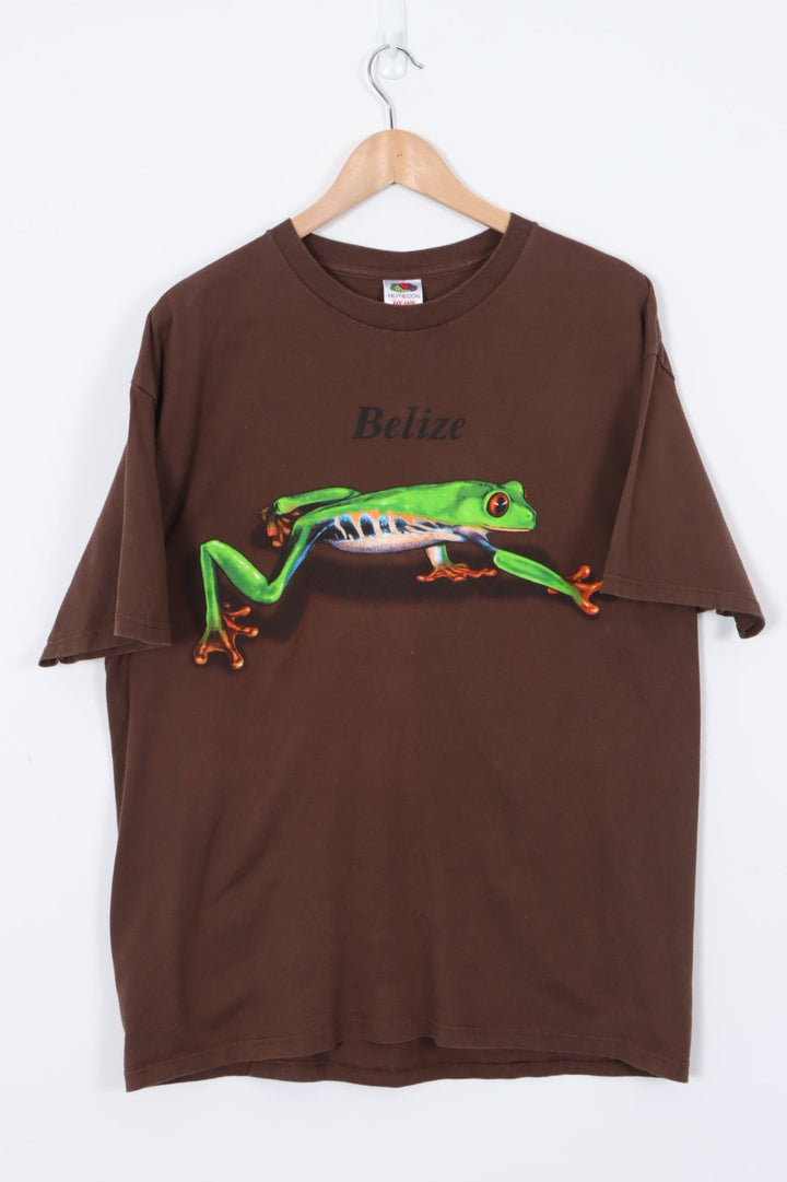 Brown 90s Belize Destination Vacation Tree Frog Graphic Print Tee (XL)