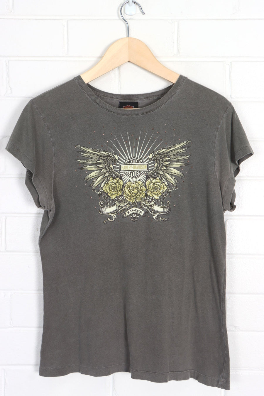 HARLEY DAVIDSON Embellished Wings & Roses Y2K T-Shirt (Women's M)