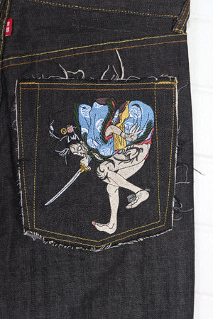 RMC RED MONKEY Embroidered Characters Button Fly Jeans (34) - Vintage Sole Melbourne