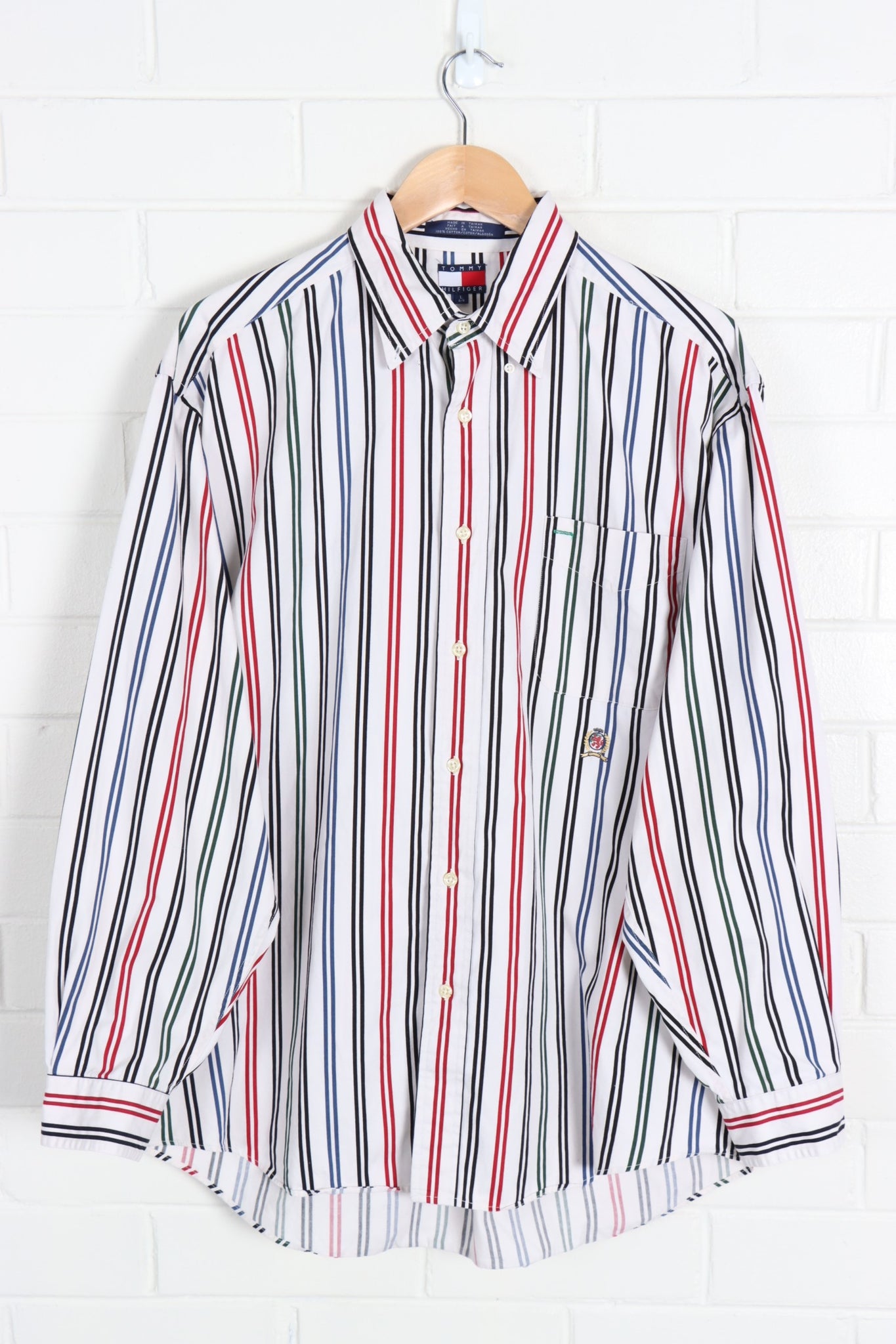 TOMMY HILFIGER Embroidered Crest Striped Sleeve Vintage (XL) | Long Shirt Sole Melbourne