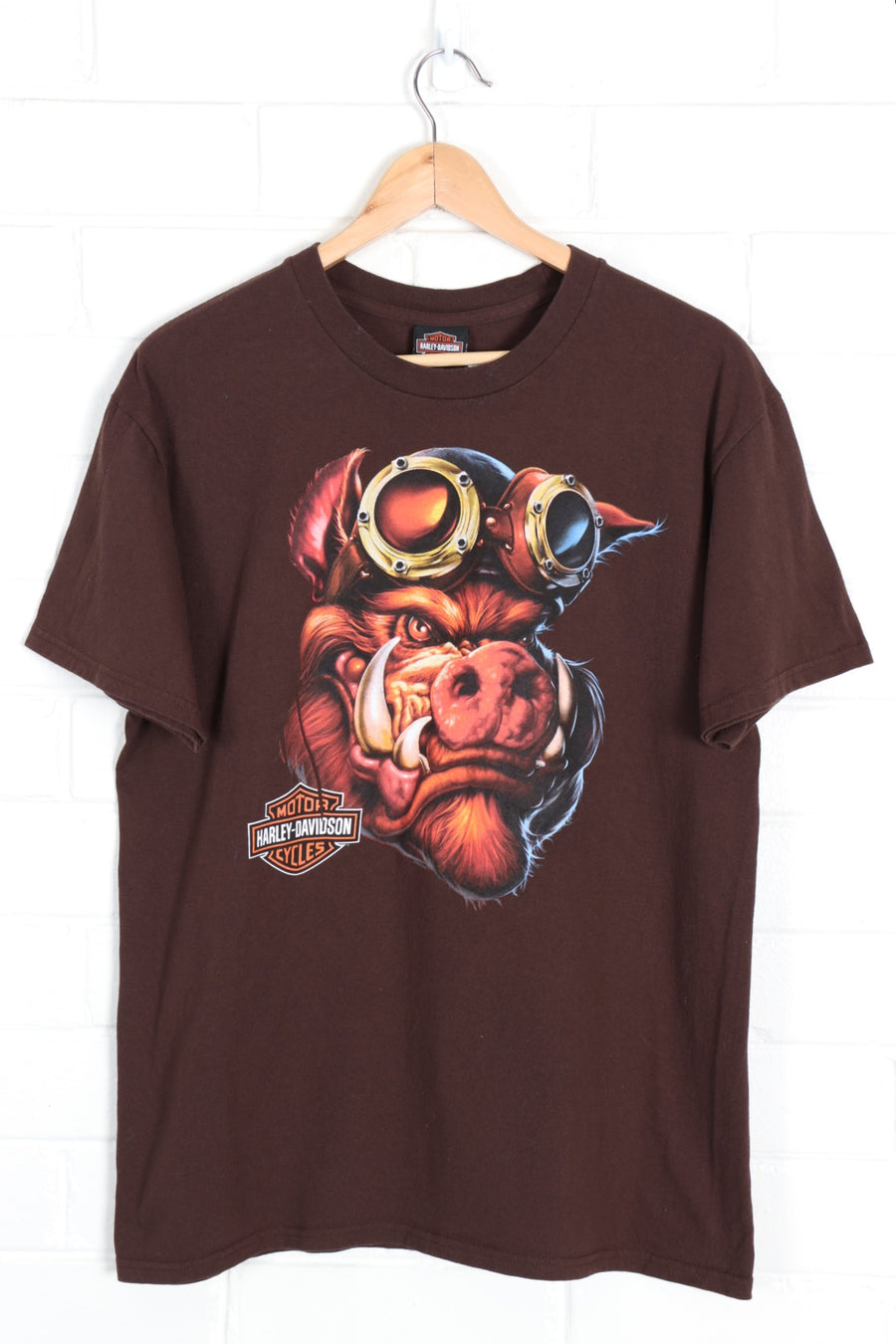 Brown HARLEY DAVIDSON Legacy Hog Biker Front & Back Tee (L) - Vintage Sole Melbourne